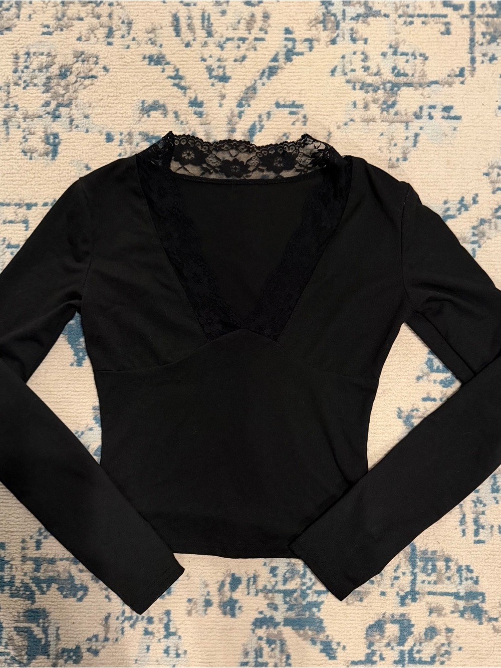 Amazon Women's Black Long Sleeve V-Neck Lace Trim Top